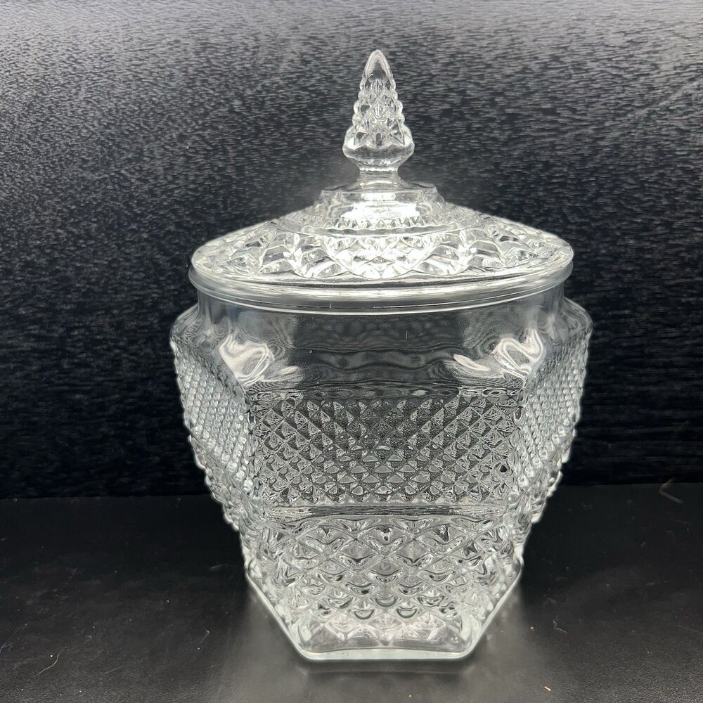 Anchor Hocking Wexford Cookie Jar w/ Lid Cut Glass 1960’s MCM Regency - Picture 4 of 12